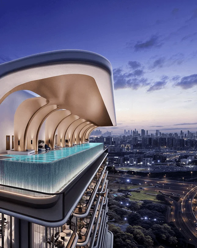 Mövenpick Residences — official rooftop infinity pool under the sculptural crown