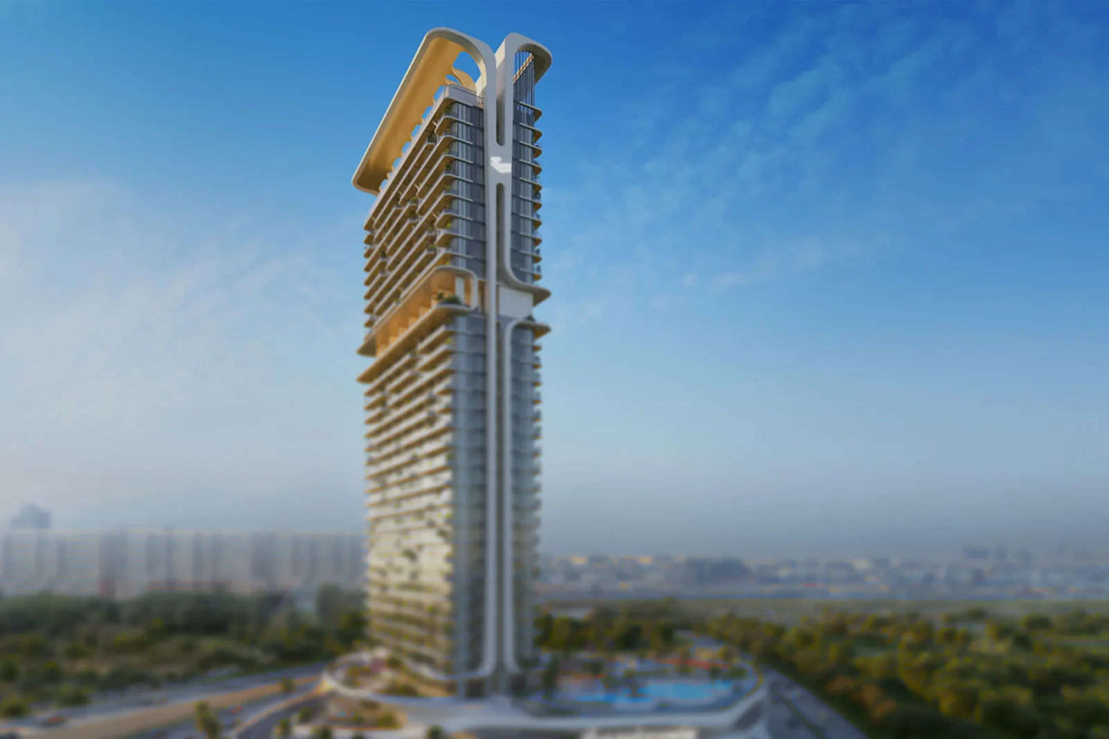 Mövenpick Residences — official wide exterior of the same white looped-crown tower