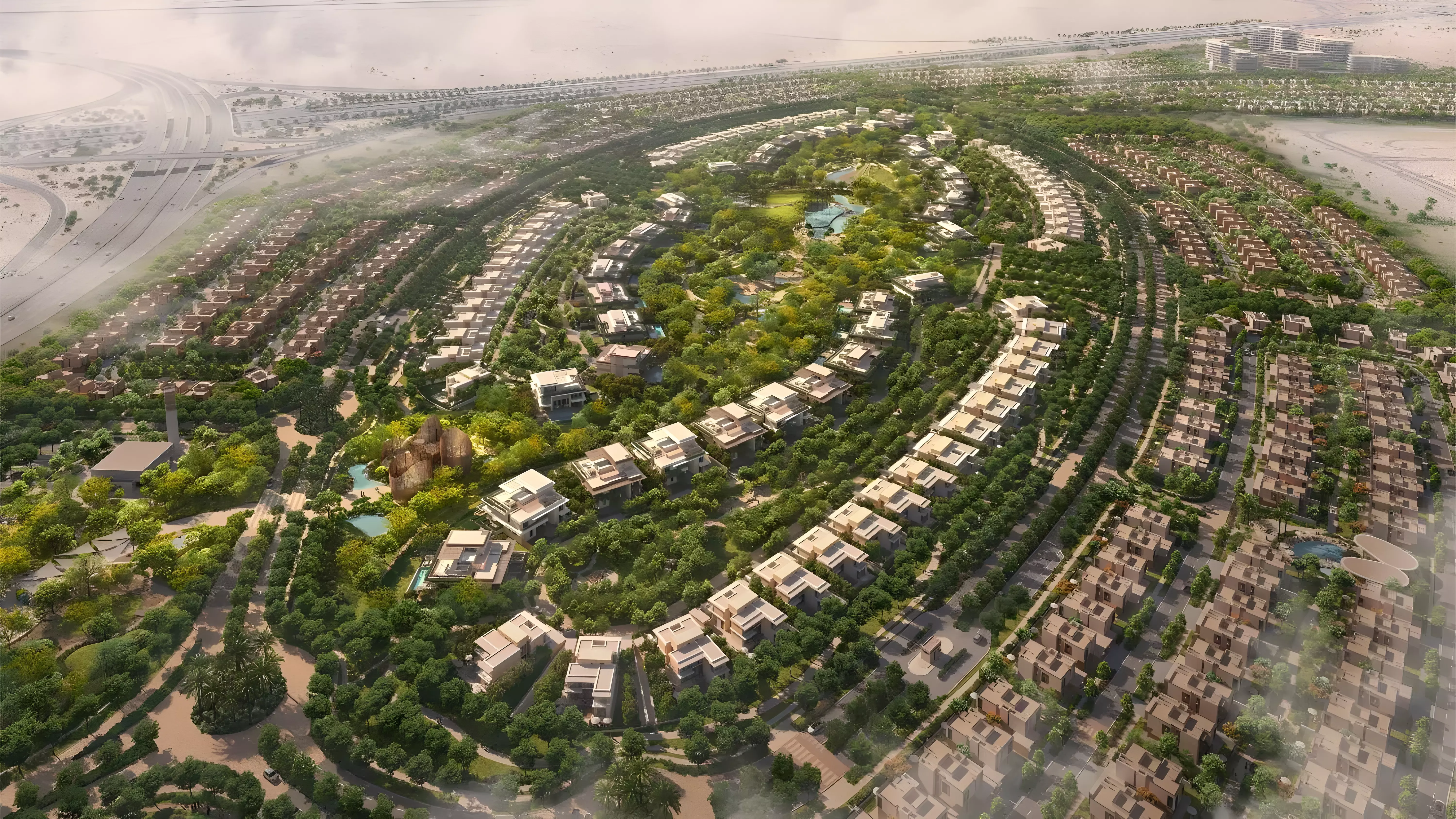 Murjan At The Wilds — marketing still of villa streetscape within The Wilds by Aldar