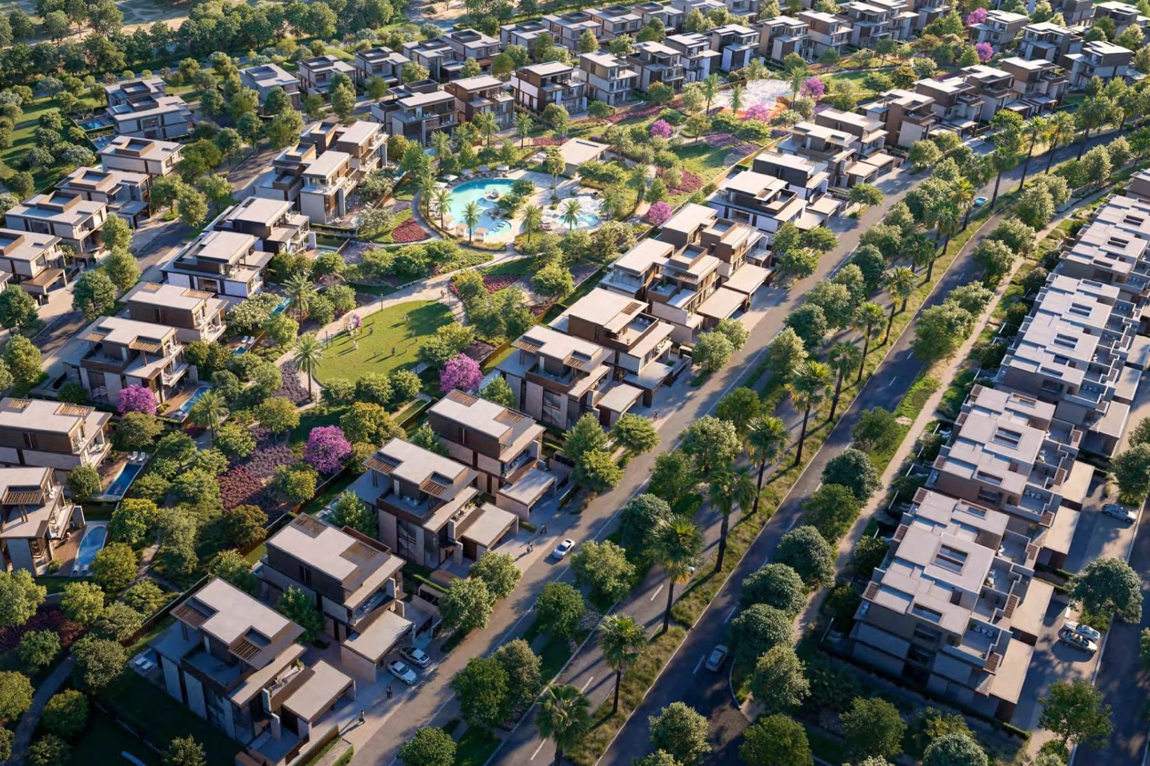 Nad Al Sheba Gardens Phase 9 — aerial masterplan marketing still of villa and townhouse streets with central lagoon park