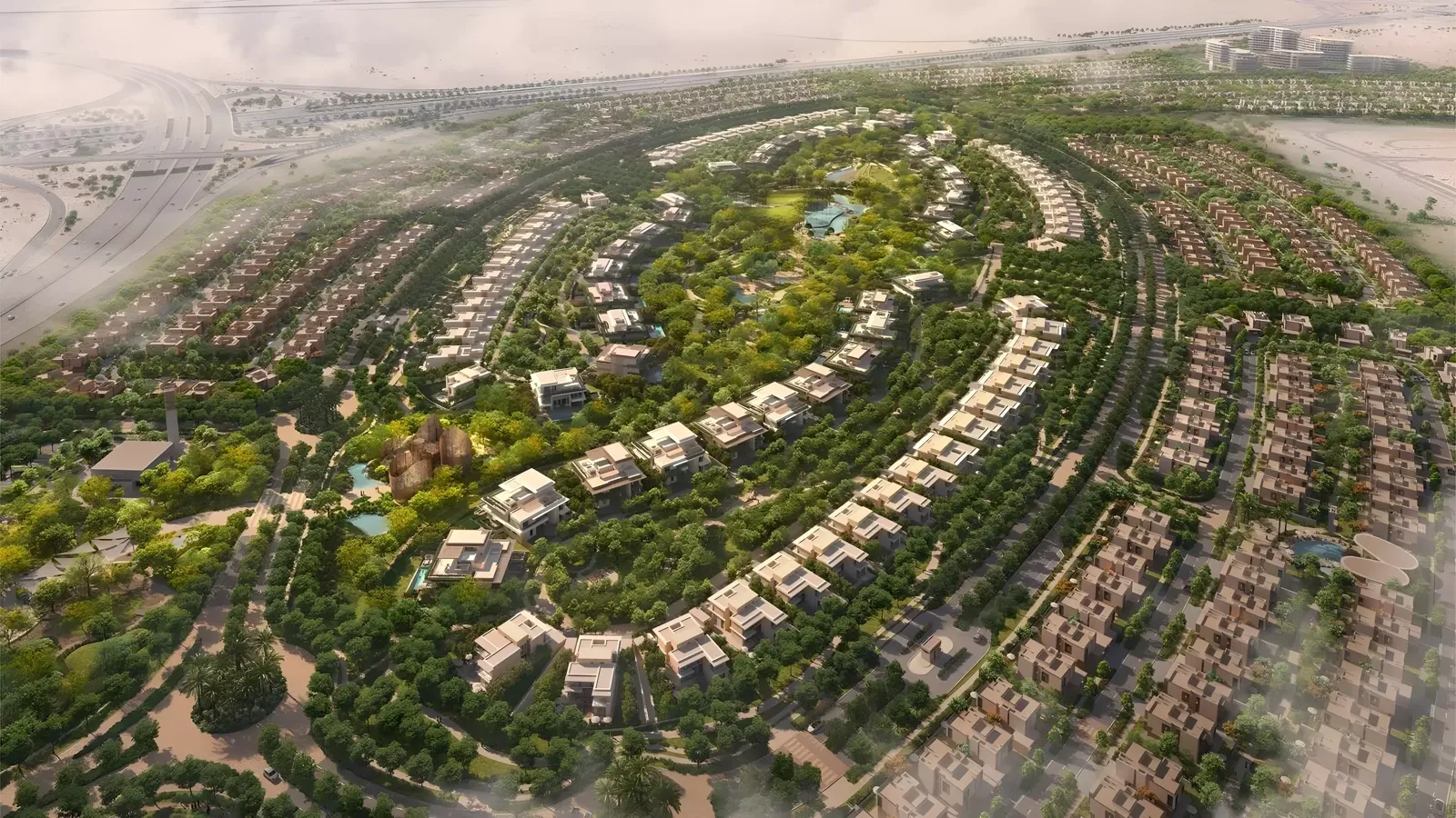 Naseem At The Wilds — marketing still of villa streetscape within The Wilds by Aldar