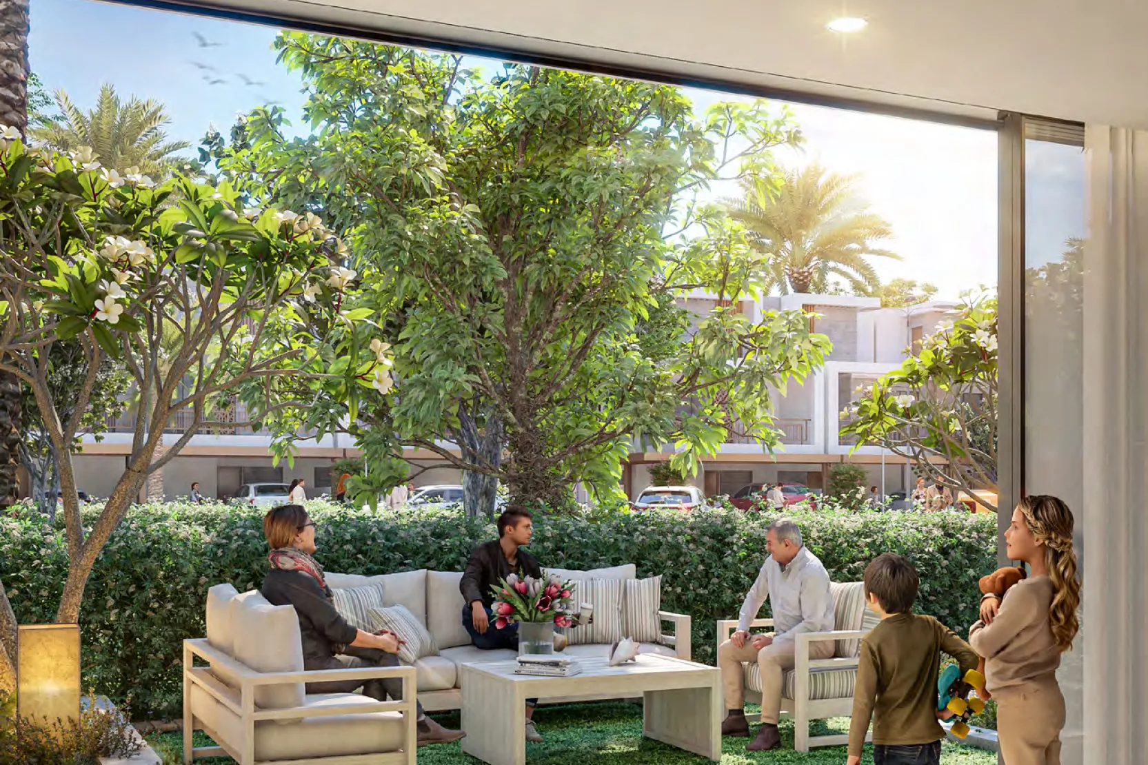 Natura garden still — marketing ground-floor garden with the townhouse street beyond the hedge