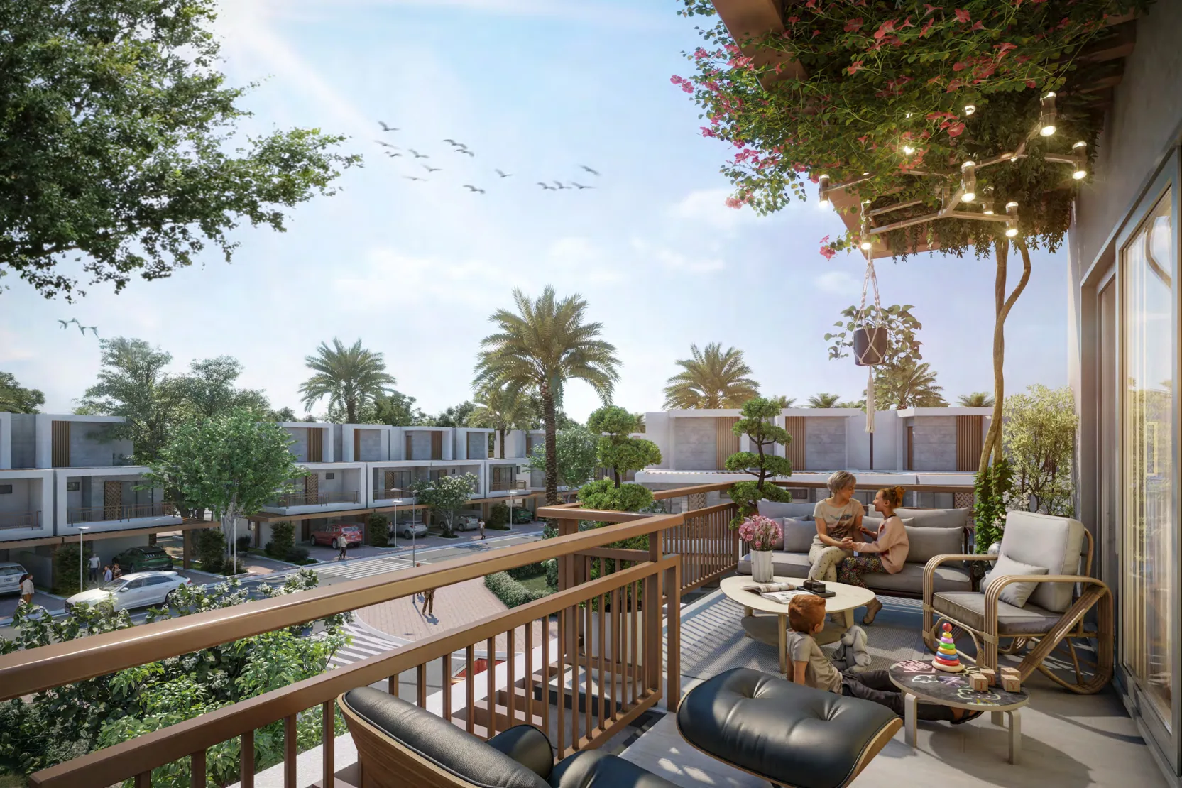 Natura terrace still — marketing living terrace looking over the same white townhouse street (matches official DAMAC hero crop)