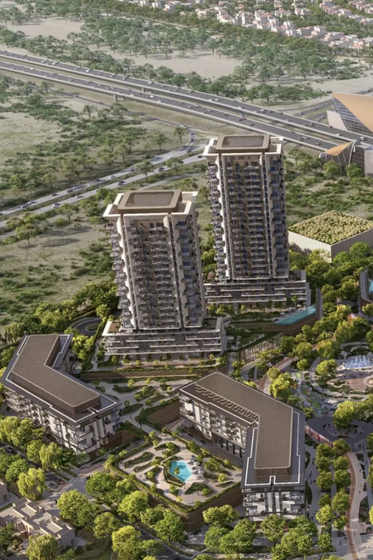 Rise by Athlon 2 — twin-tower aerial marketing still (Neon with sibling tower)