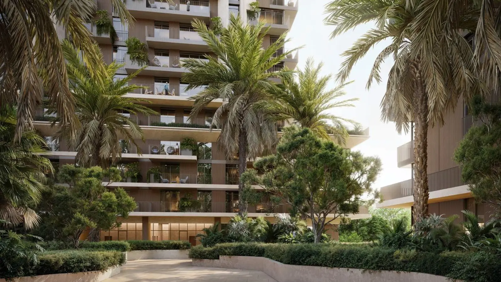 Rise by Athlon — tower podium and landscaped entrance marketing still