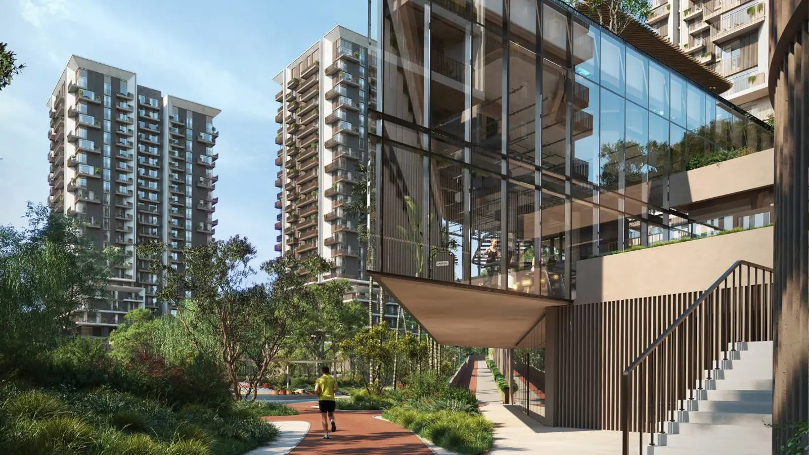 Rise by Athlon — amenity pavilion and running path marketing still