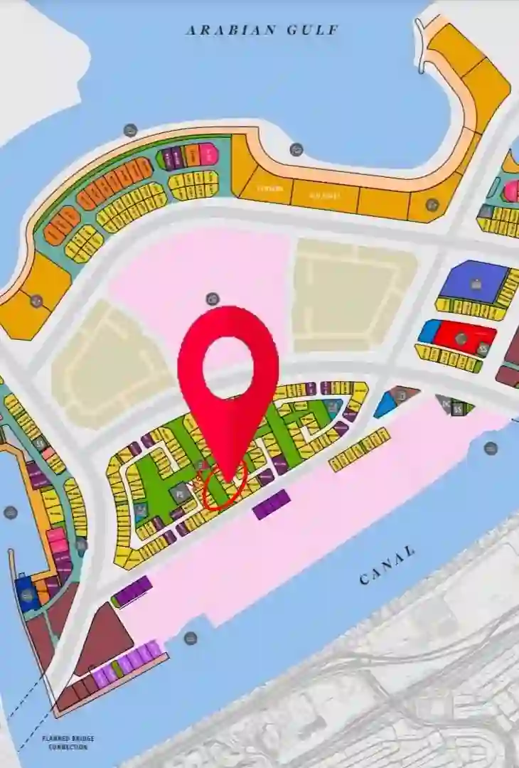 Broker plot-pin graphic for Oceara Park View Residences on a Dubai Islands / Palm Deira master-plan map near Centara and Riu