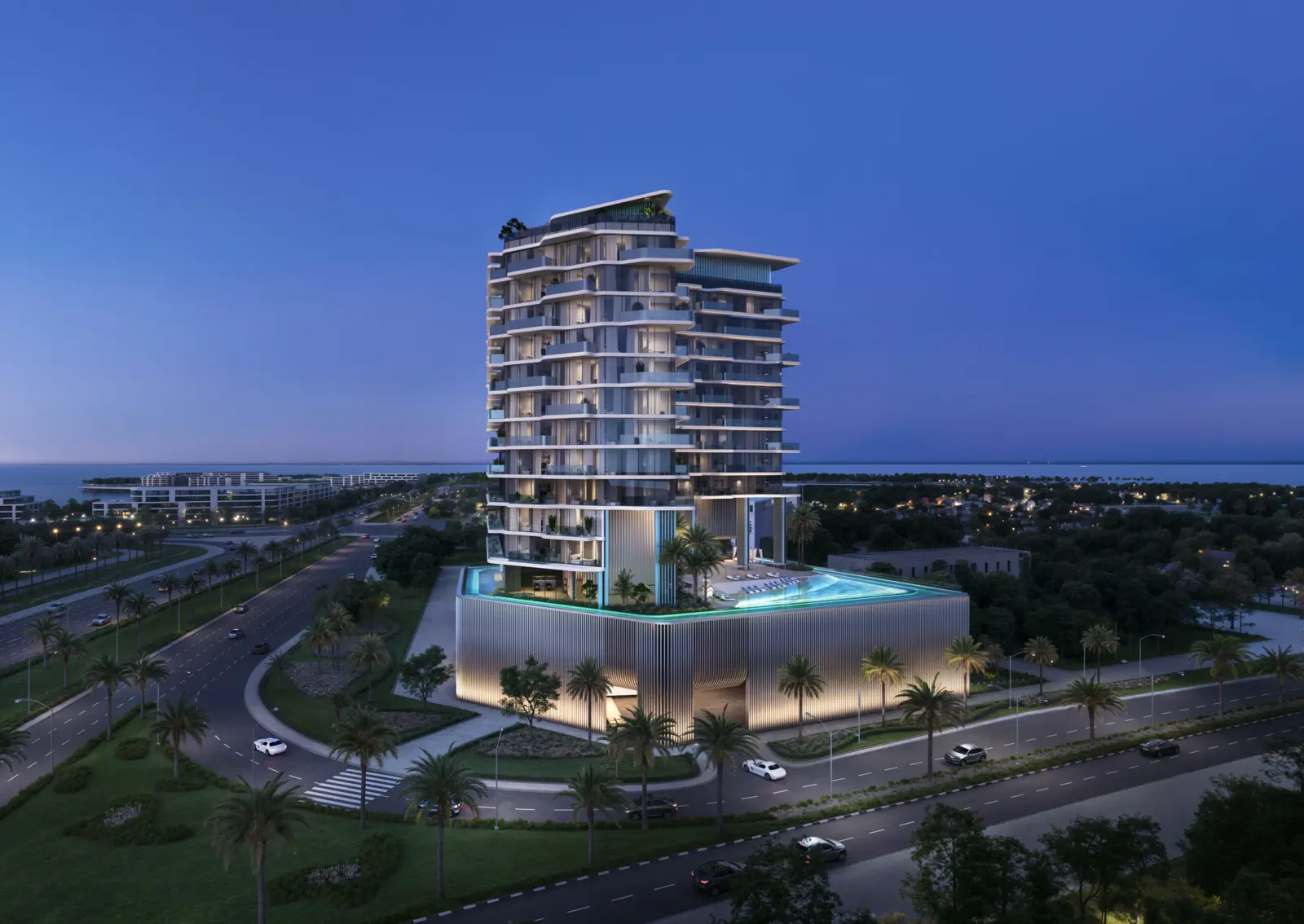 Octa Isle Interiors by Missoni — official marketing exterior with landscaped podium and island context