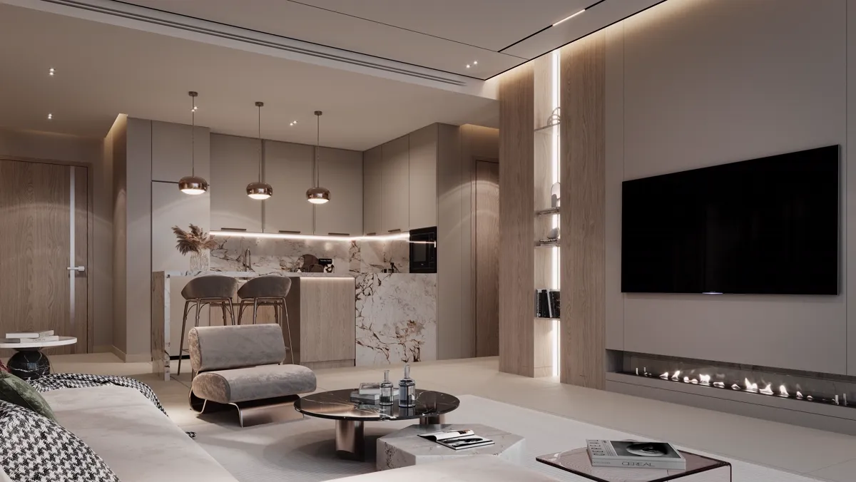 Omya Residences — marketing interior living space render