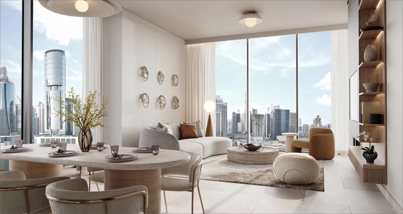 One River Point — interior render with canal and Business Bay view