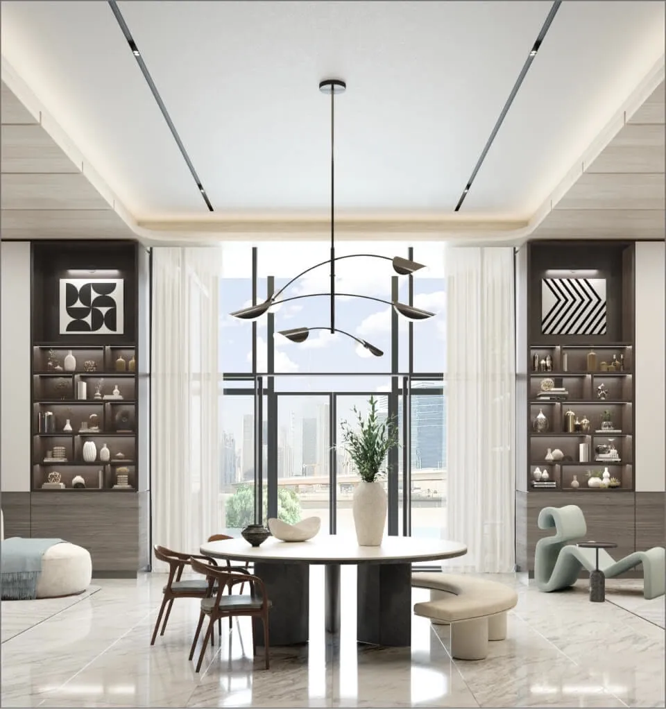 One River Point — dining and library interior render