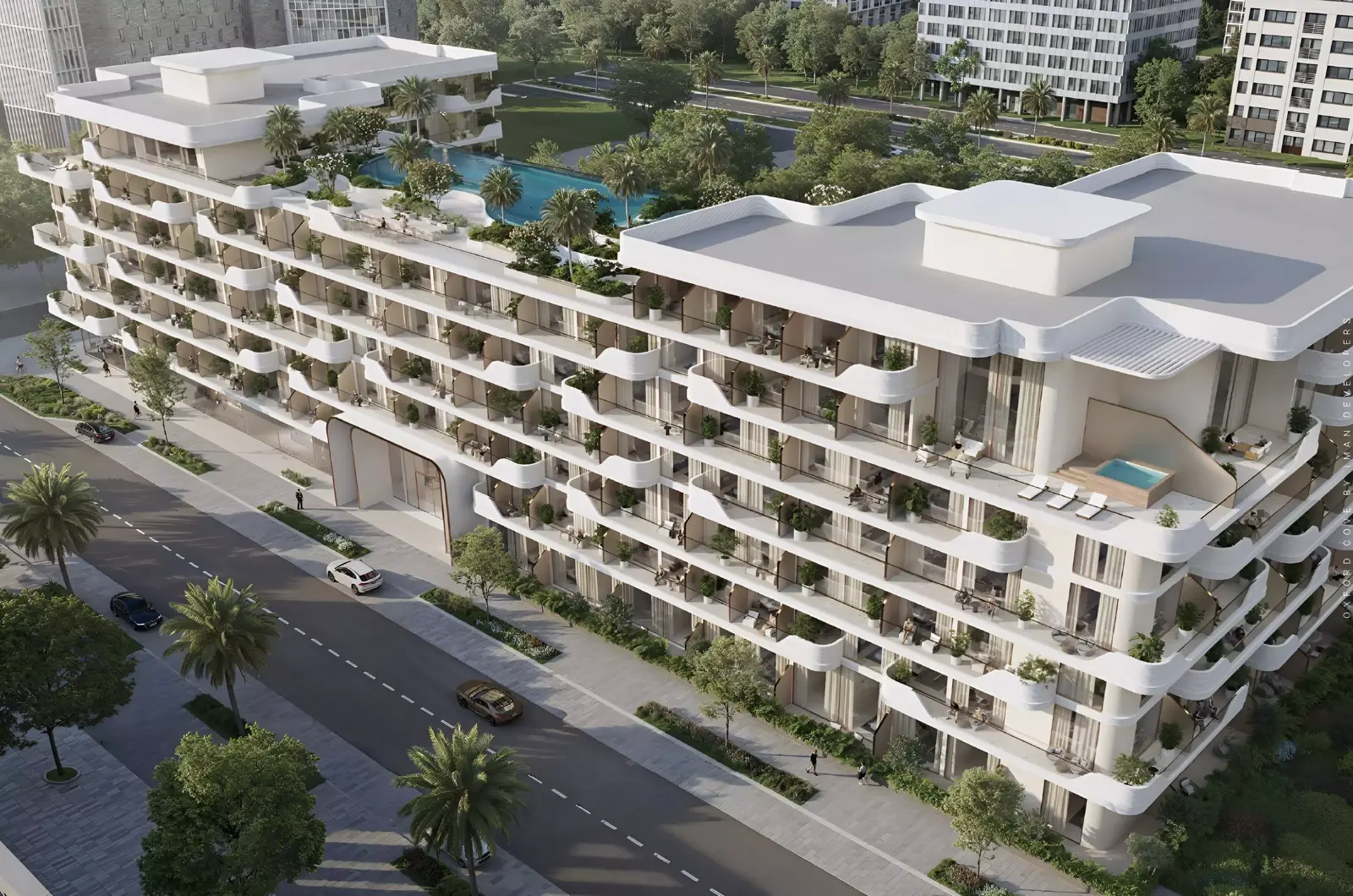 Oxford Cove by Iman Developers — aerial marketing exterior of the curved mid-rise with rooftop pool deck