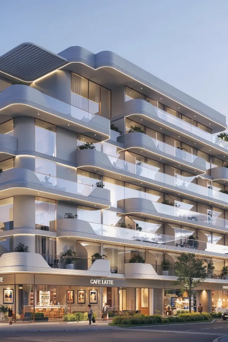 Oxford Cove by Iman Developers — dusk street-level marketing render with ground-floor retail
