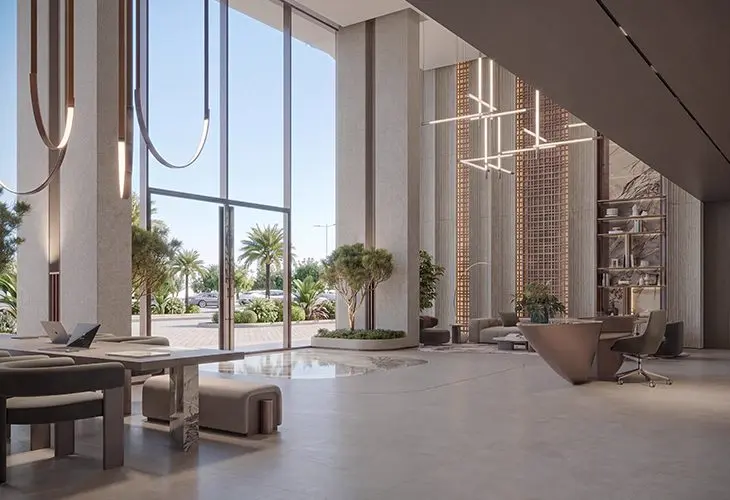 Oxford Cove by Iman Developers — marketing double-height entrance lobby render