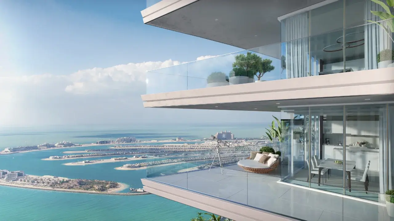 Palace By The Beach — daylight balcony marketing still with Palm Jumeirah and sea view