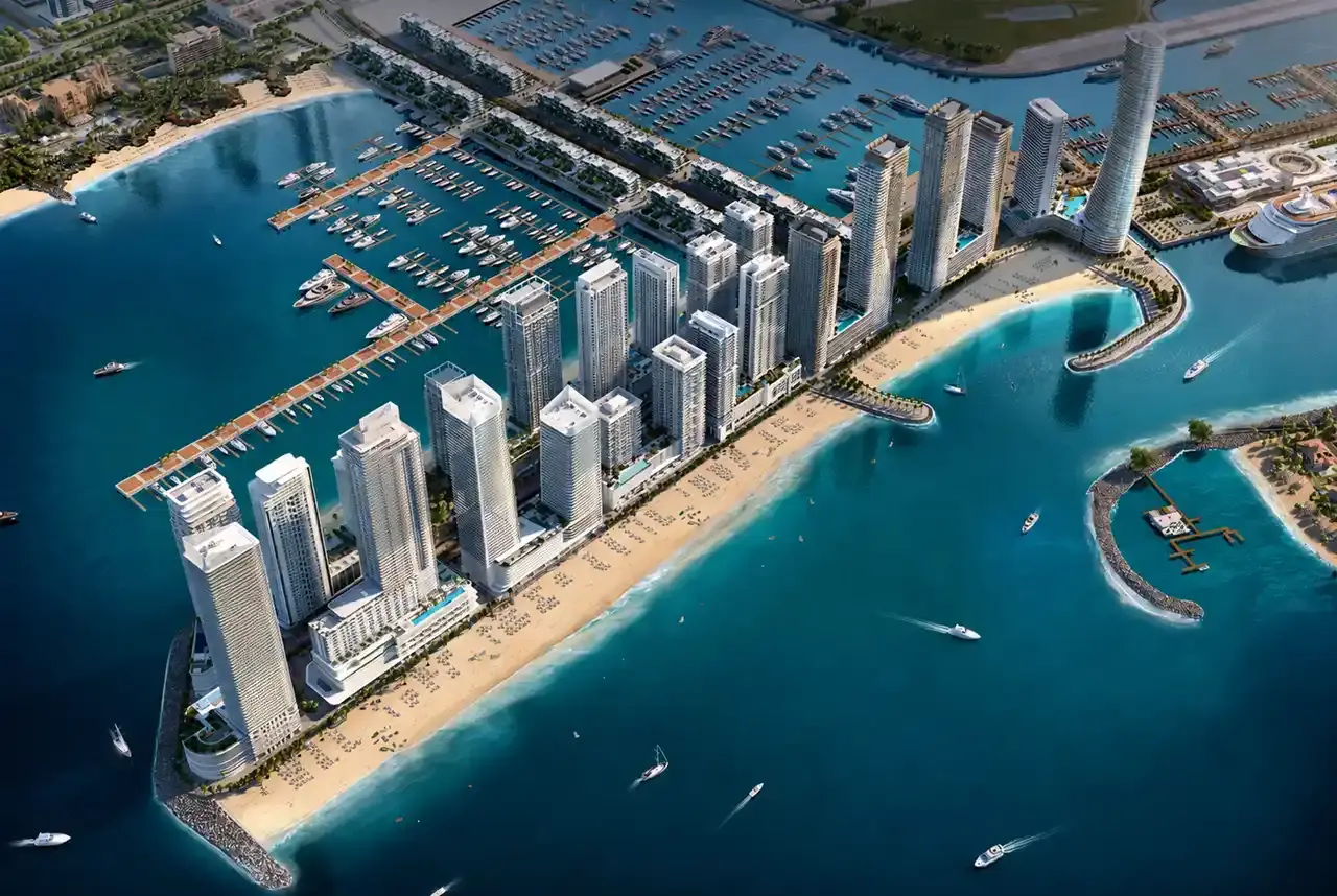 Emaar Beachfront aerial masterplan marketing still (community context, not a unit plot)