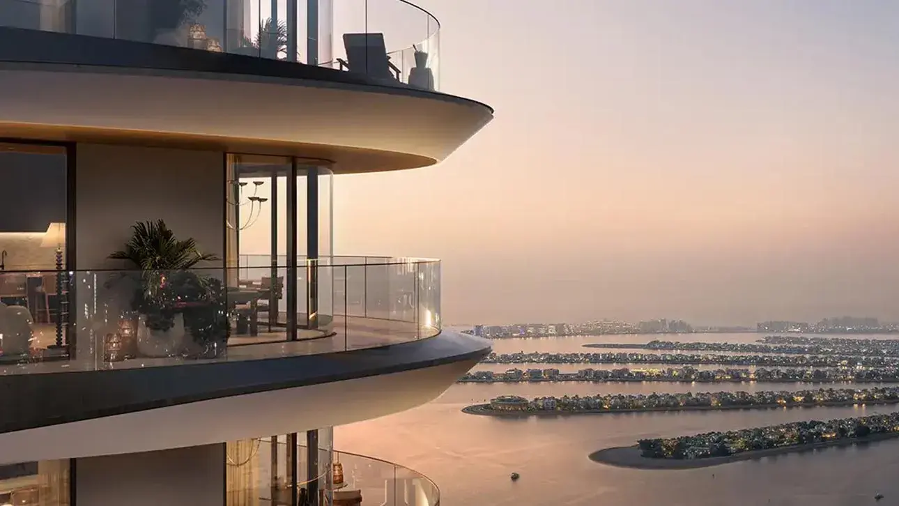 Palace By The Beach — curved balcony terrace marketing still toward Palm Jumeirah