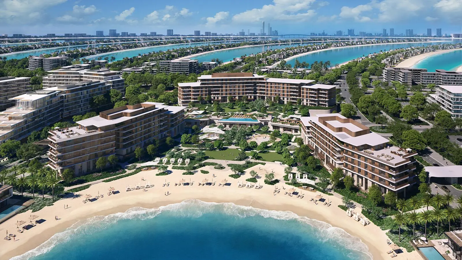 Palm Central Private Residences — aerial marketing still of beachfront residential cluster on Palm Jebel Ali