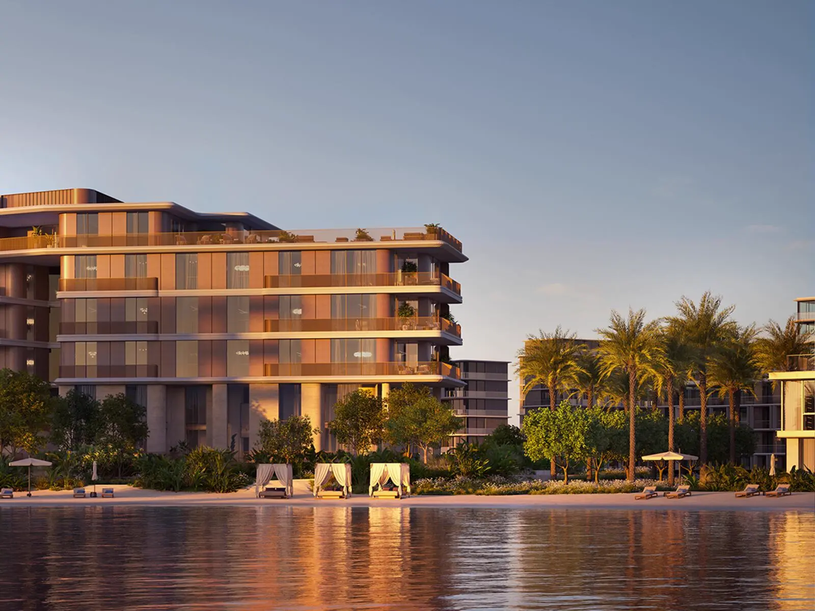Palm Central Private Residences — exterior marketing still of mid-rise residences at golden hour