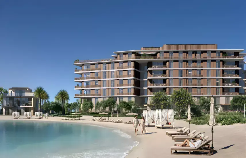 Palm Central Private Residences Phase 2 — beach-level exterior marketing still of residential building