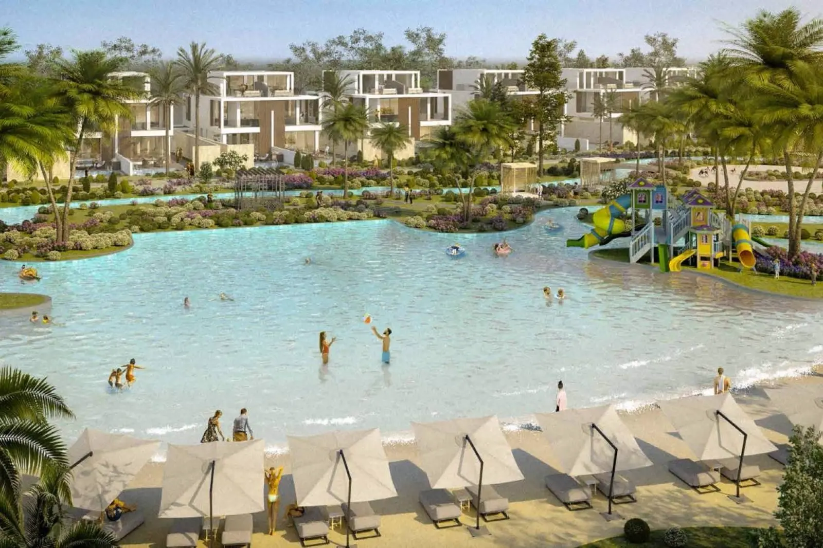 DAMAC Hills 2 parent Water Town marketing still — lagoon, beach umbrellas and villa rows (community amenity, not a Park Greens 3 plot)