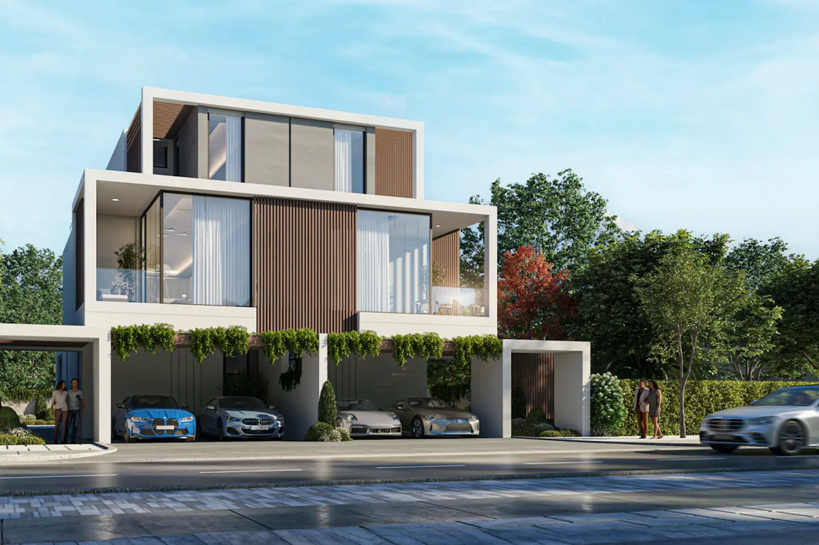 Park Greens at DAMAC Hills 2 — Propsearch daytime street still of a matching white-and-timber twin villa