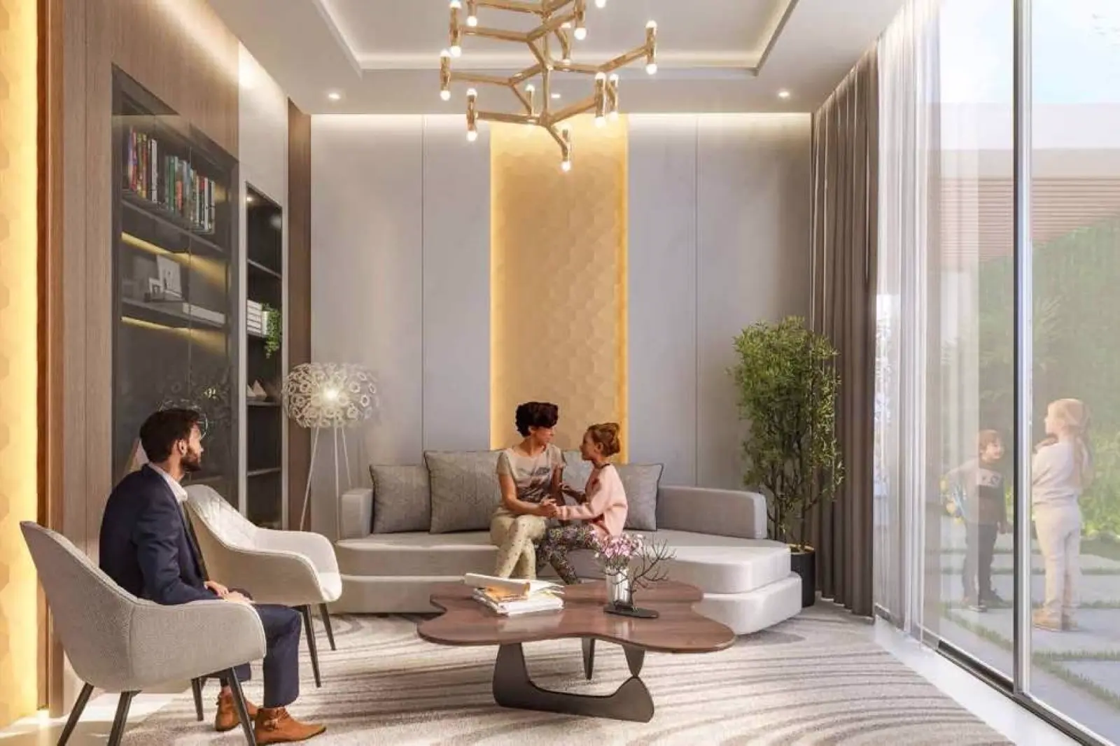 Park Greens marketing interior — living room with floor-to-ceiling garden windows (Propsearch)