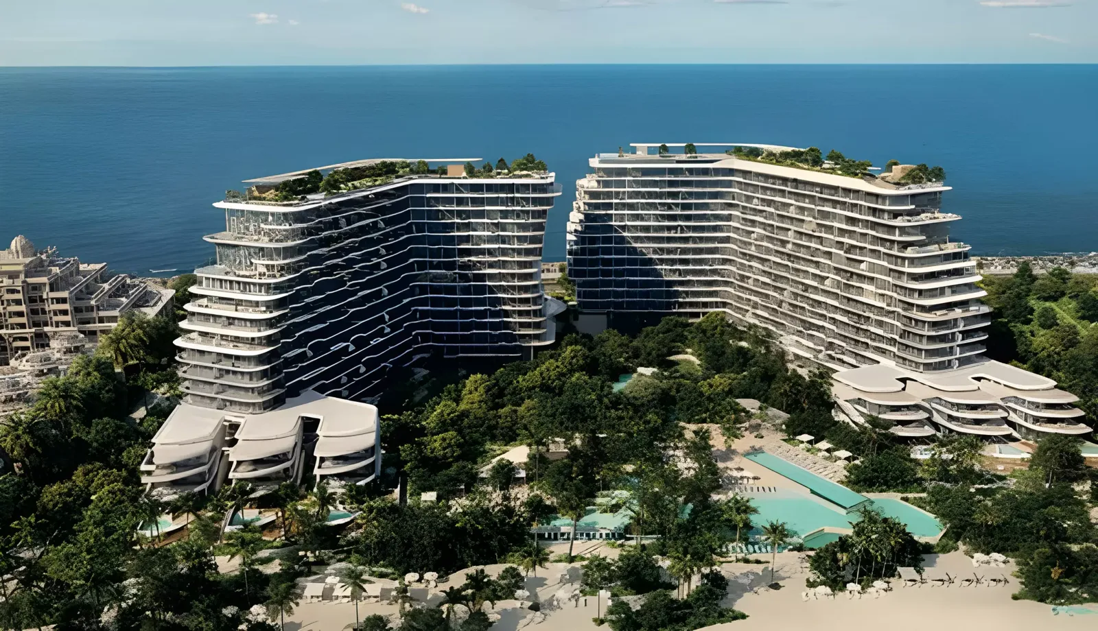 Passo by Beyond master — exterior marketing still of the waterfront twin-tower composition