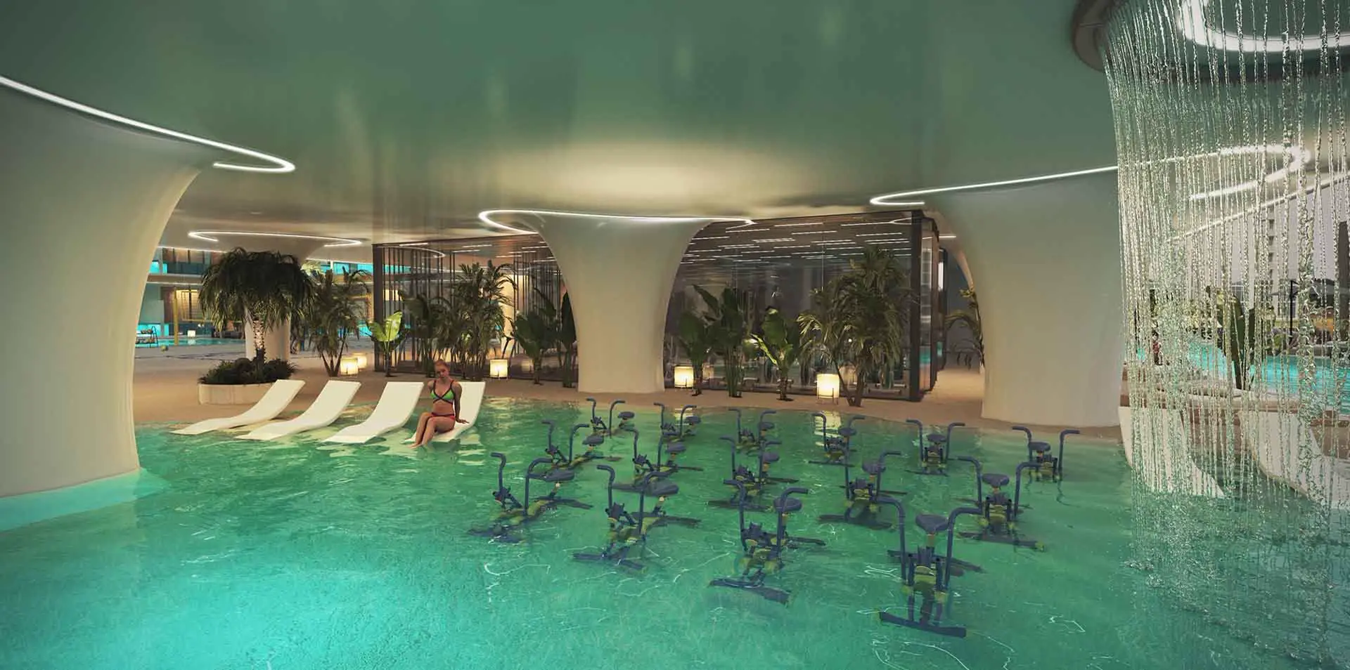 Peace Lagoons 2 — official aqua-gym pool with in-water bikes and a rain curtain