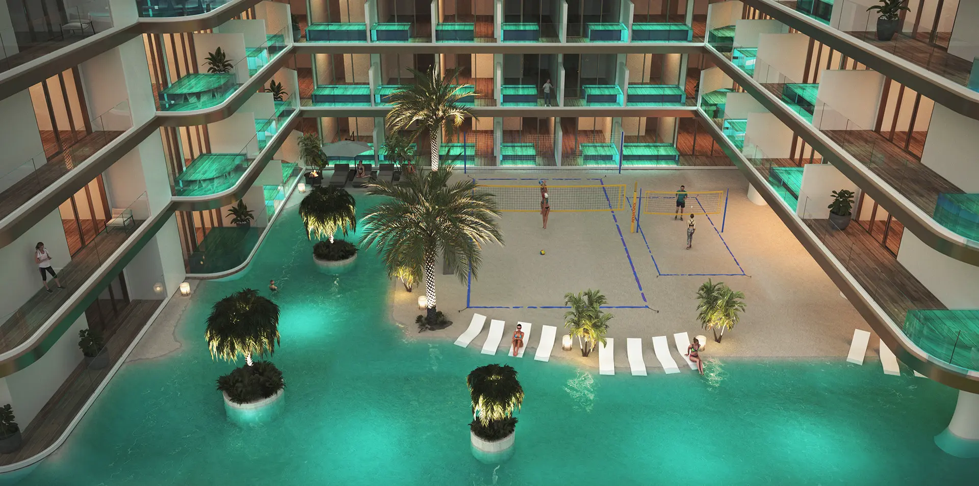Peace Lagoons 2 — official courtyard lagoon with a sand volleyball court and balcony plunge pools