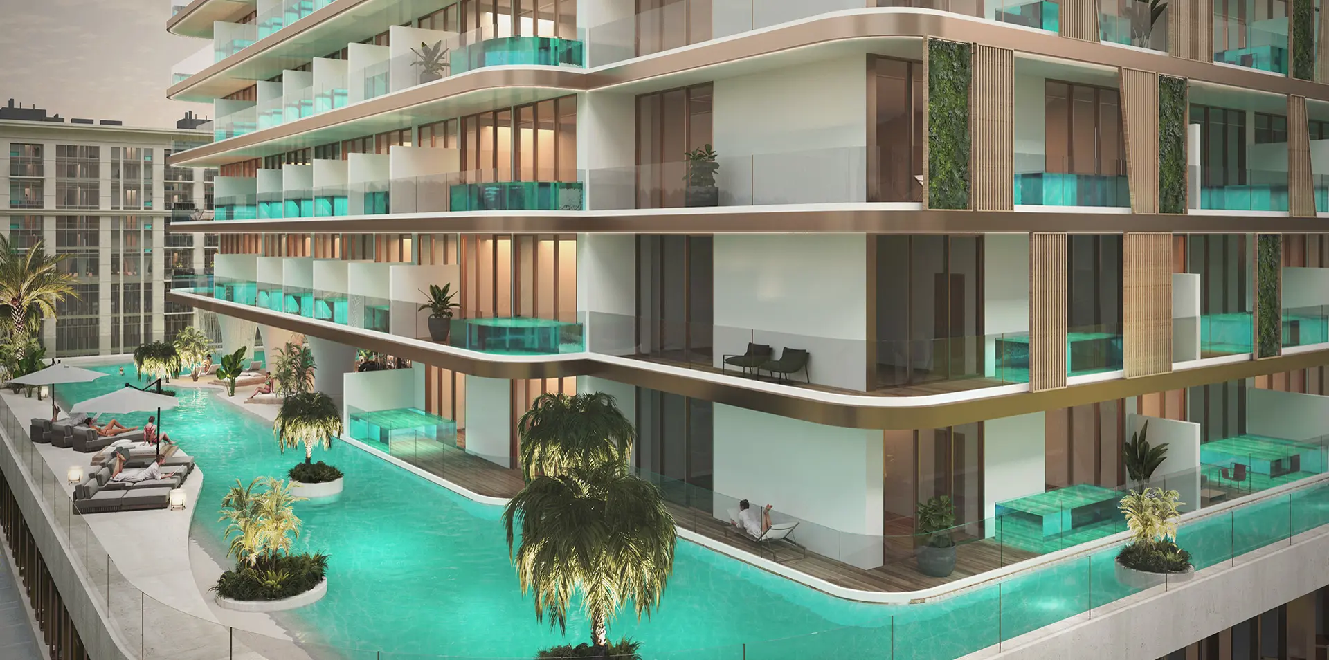 Peace Lagoons 2 — official podium terrace with private balcony pools wrapping a lagoon deck