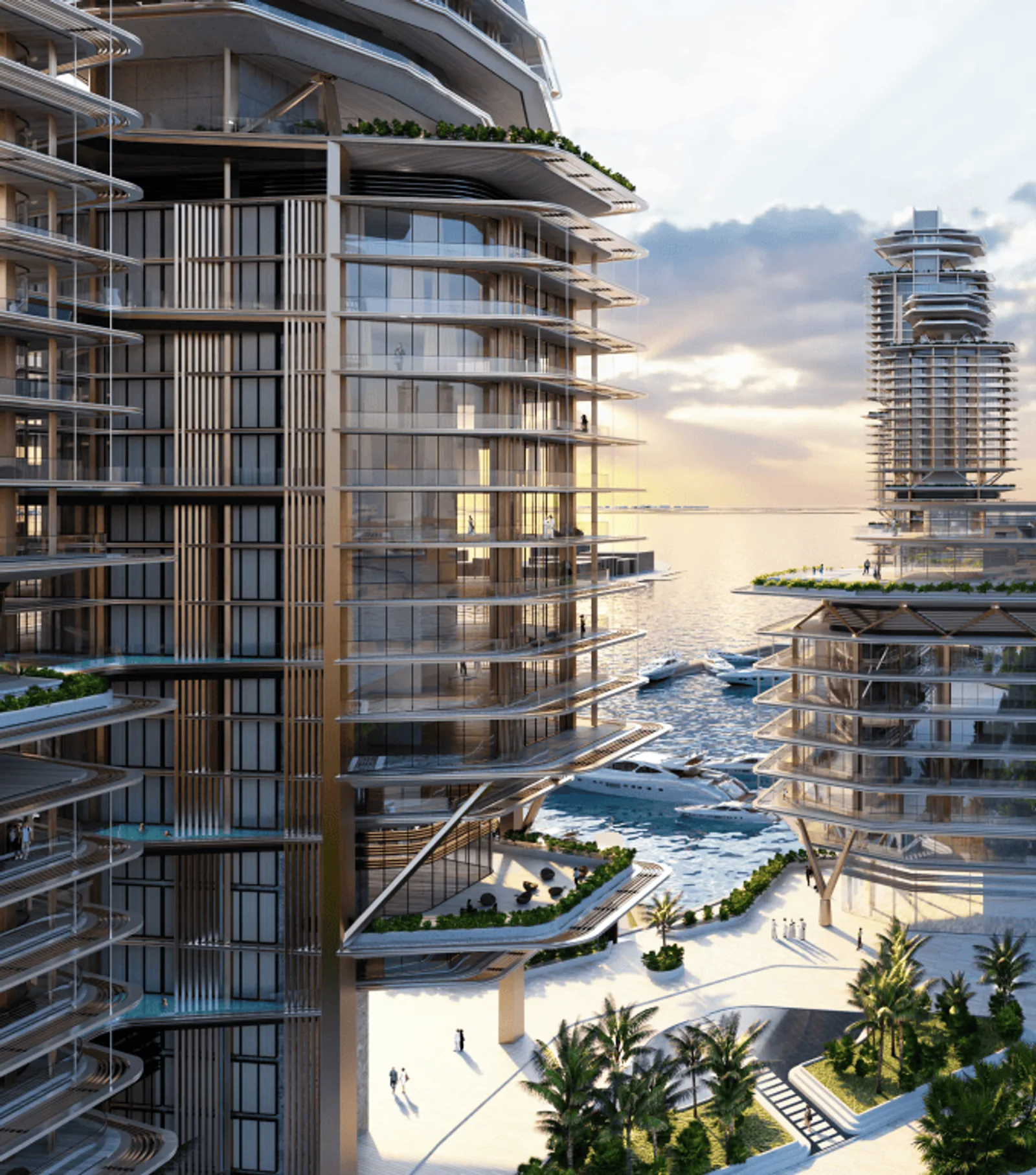 Peninsula Dubai Residences — official terrace close-up looking across the marina toward the second tower