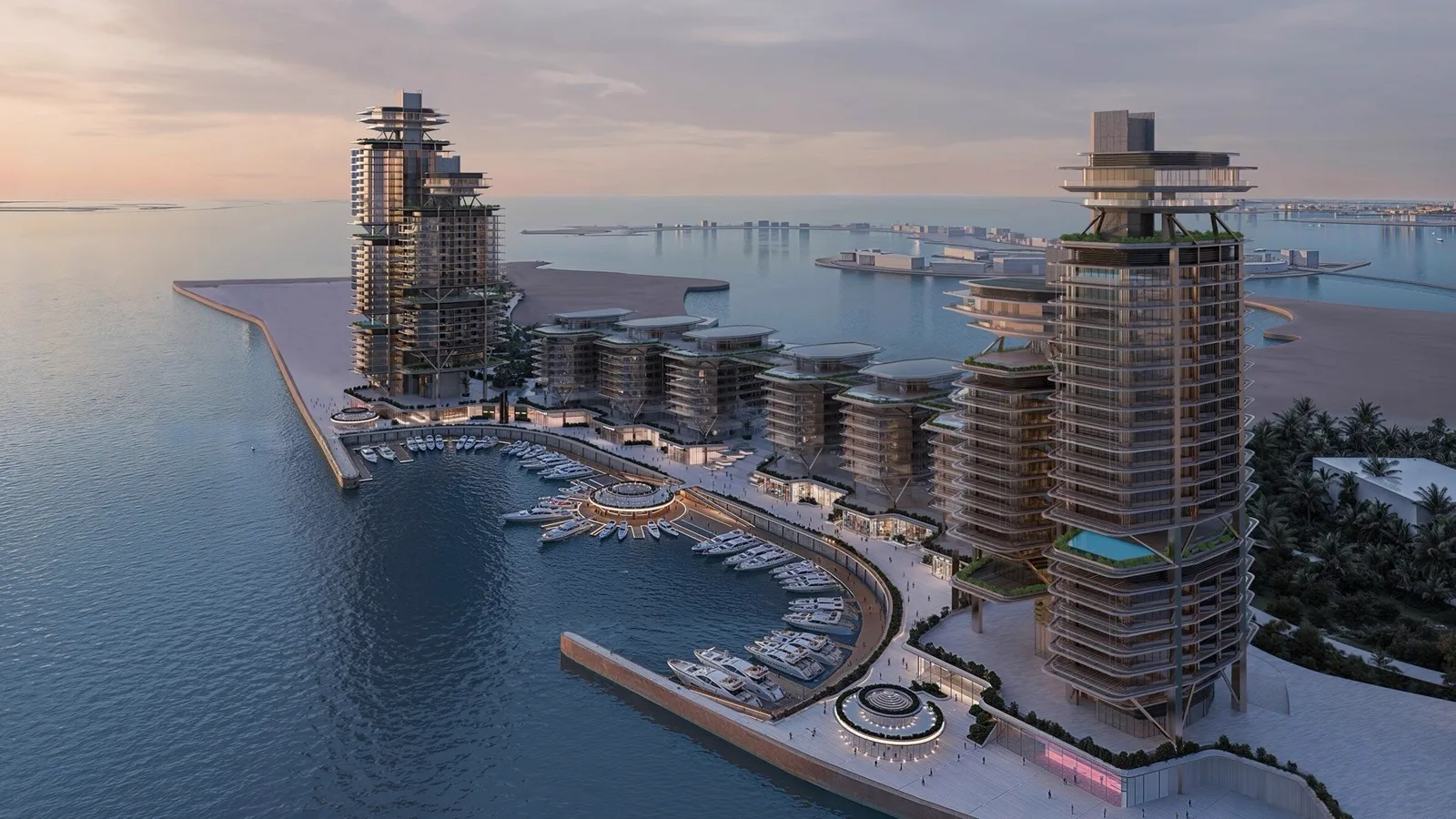 Peninsula Dubai Residences — wide aerial of the two bookend towers and mid-rise marina buildings on Dubai Peninsula