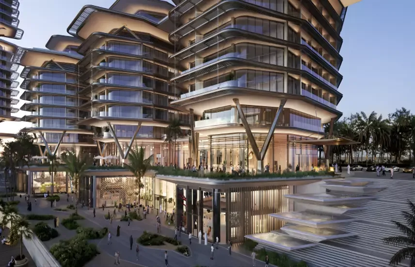 Peninsula Dubai Residences Tower 2 Property Finder gallery — podium retail and stacked terraces at dusk