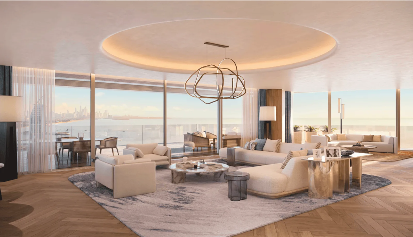 Peninsula Dubai Residences — official living-room marketing still with canal and Burj Al Arab view