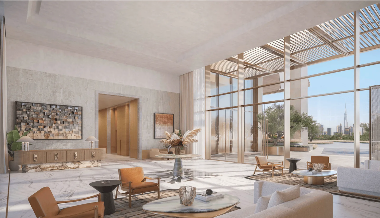 Peninsula Dubai Residences — official lobby marketing still, marble floor and city view