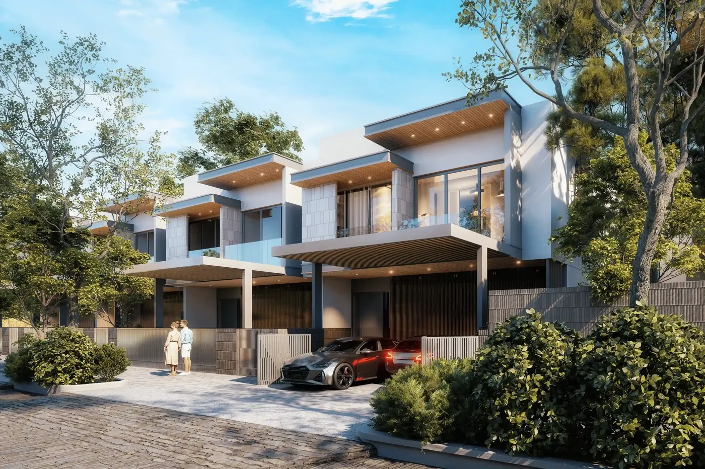 Pinewood Estate Homes — 4-bedroom townhouse facade with earthy tones and glazing