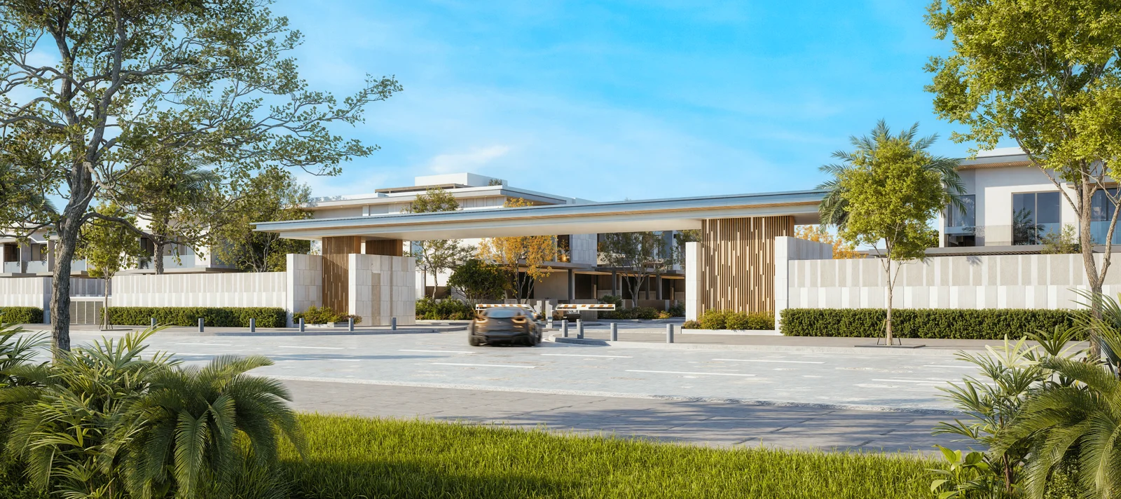 Pinewood Estate Homes — community entrance gate marketing still