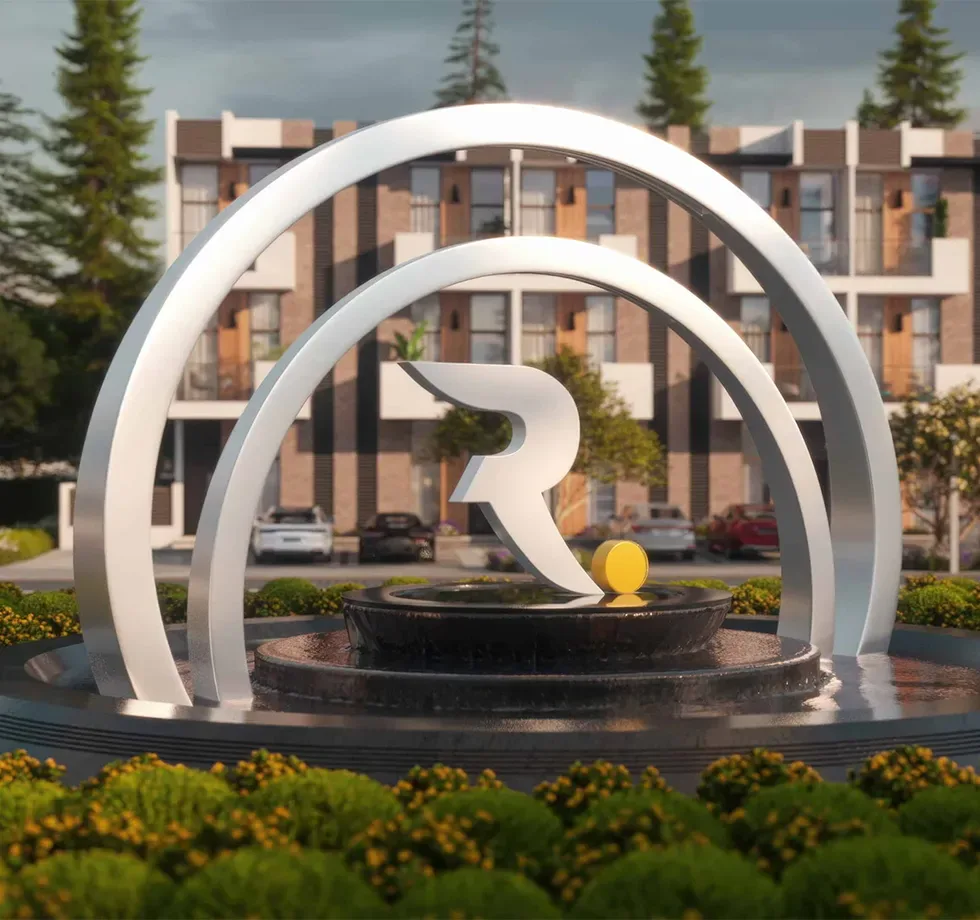 R. Hills — official intro still of the silver R sculpture in a fountain, townhouses behind