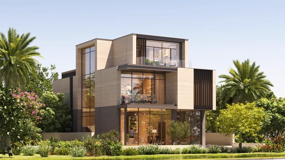 Raiha — official garden still of one 6-bedroom independent villa with stepped terraces and full-height glass