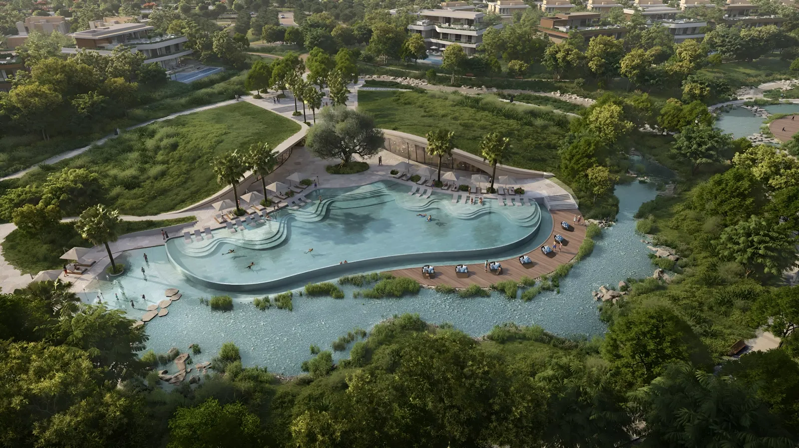 The Wilds by Aldar — marketing still of the community lagoon pool with villa rows beyond