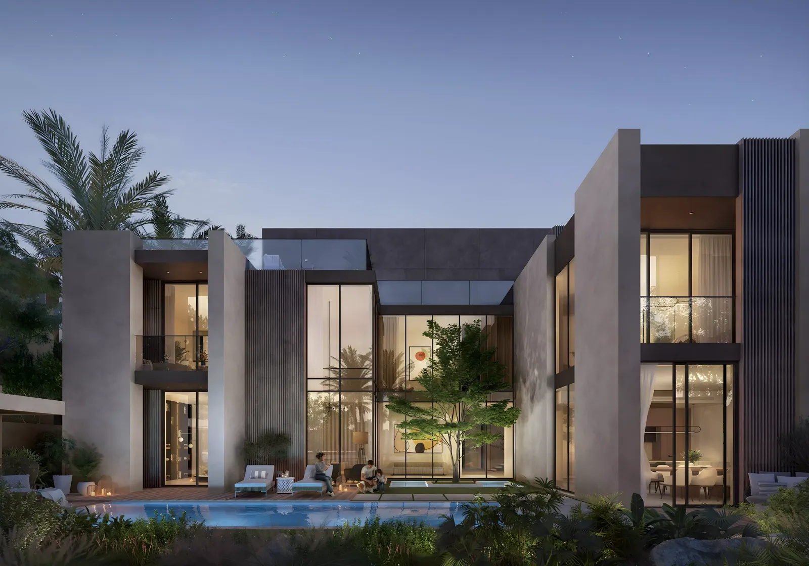 Ravenna Residences — dusk courtyard marketing still of a contemporary villa with pool