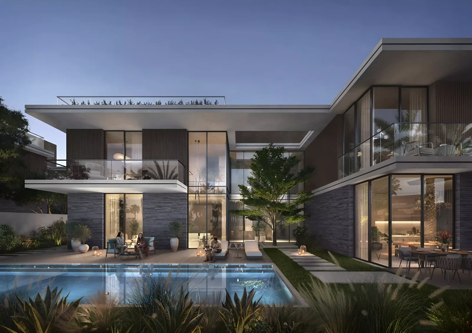 Ravenna Residences — dusk marketing still of a two-storey villa terrace, glass facade and private pool