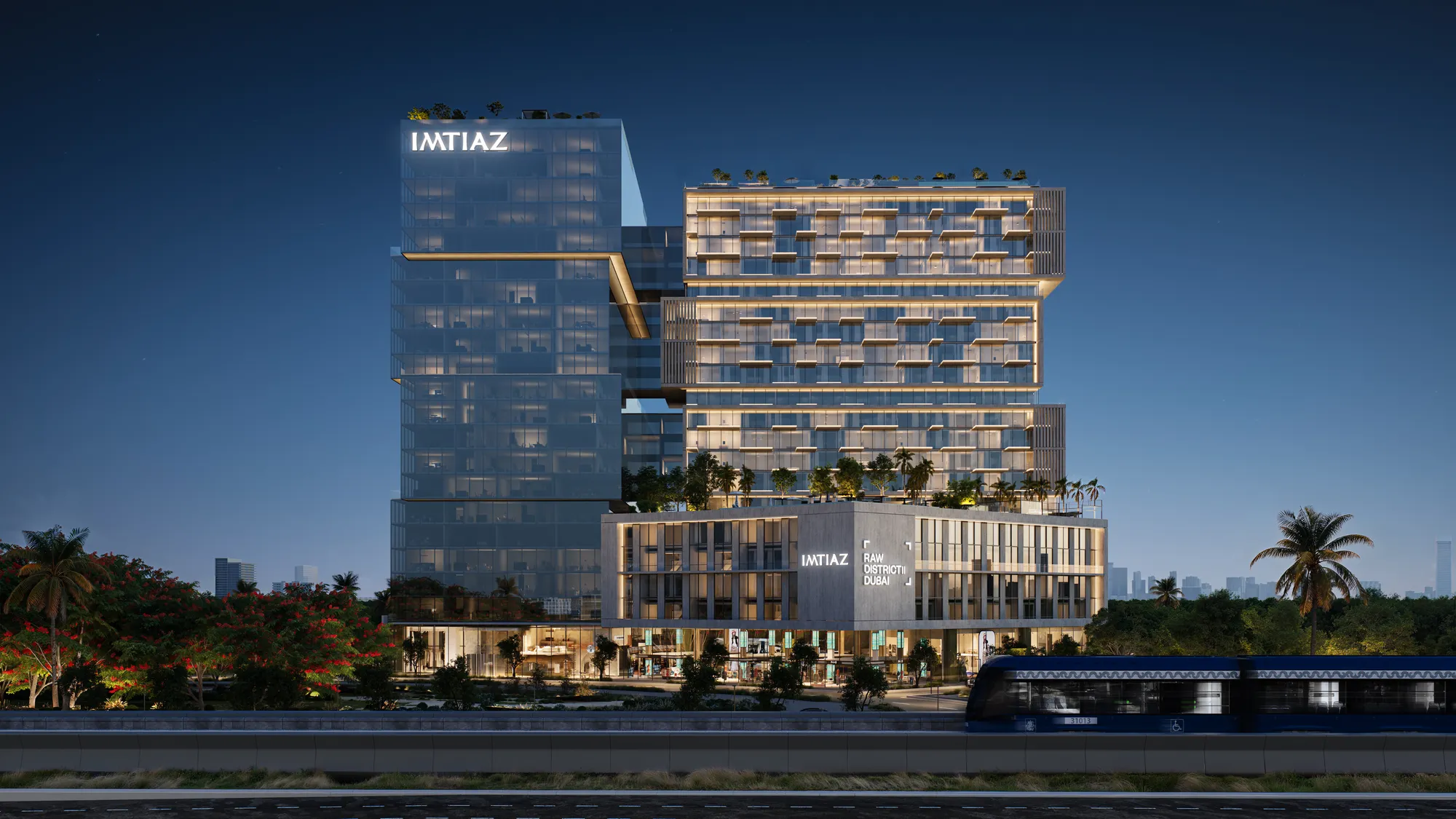 Raw District II — official exterior marketing still of tower massing