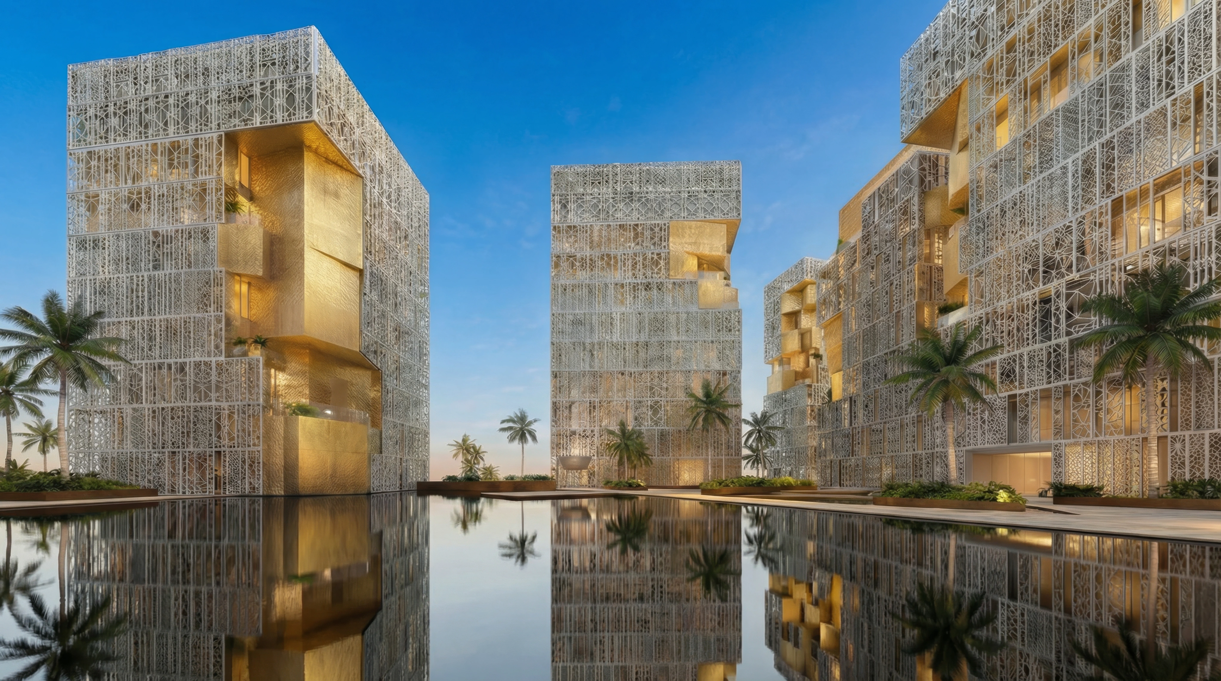 Richmond District — official marketing courtyard view with lagoon reflection and mashrabiya towers
