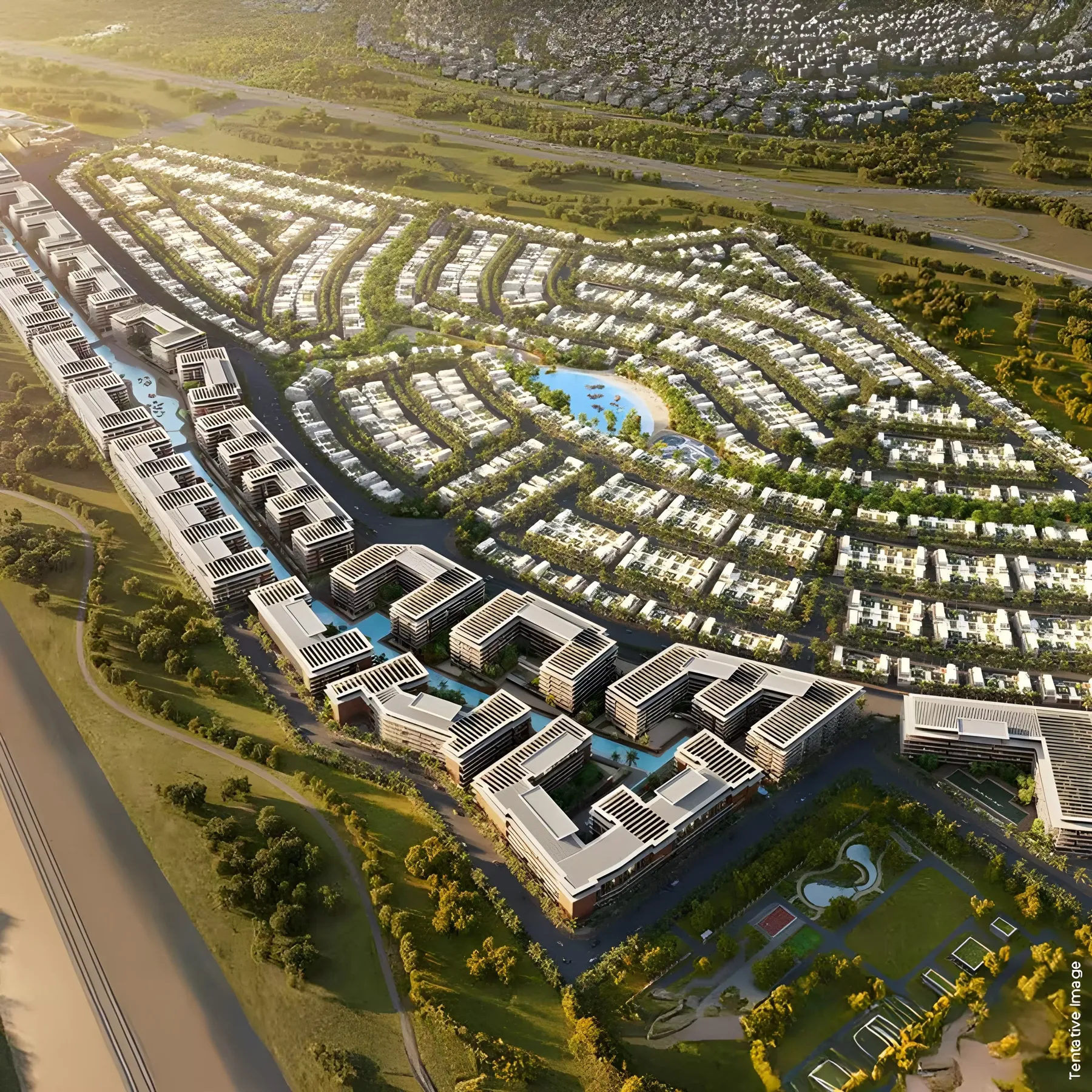 Damac Riverside Views Azure 1 — Property Finder master plan marketing graphic of apartment strip and villa rings