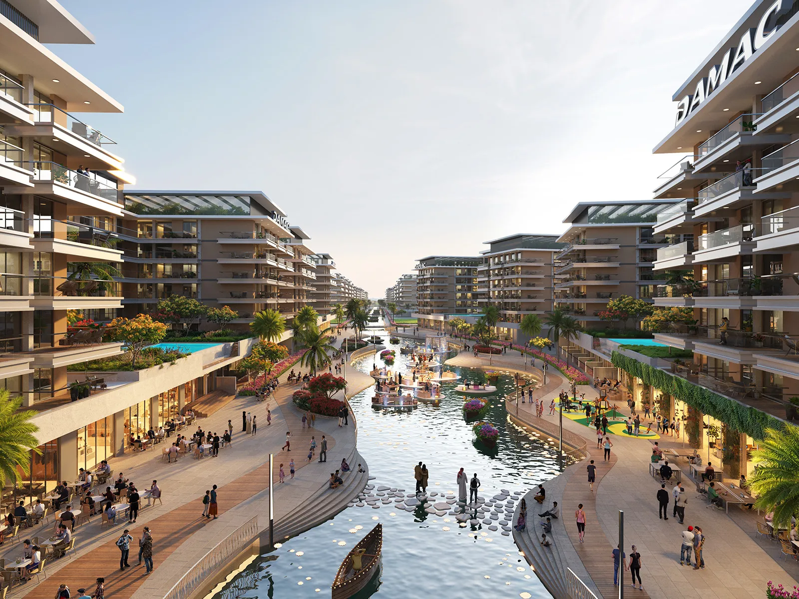 DAMAC Riverside Views — evening canal walkway between apartment buildings marketing render