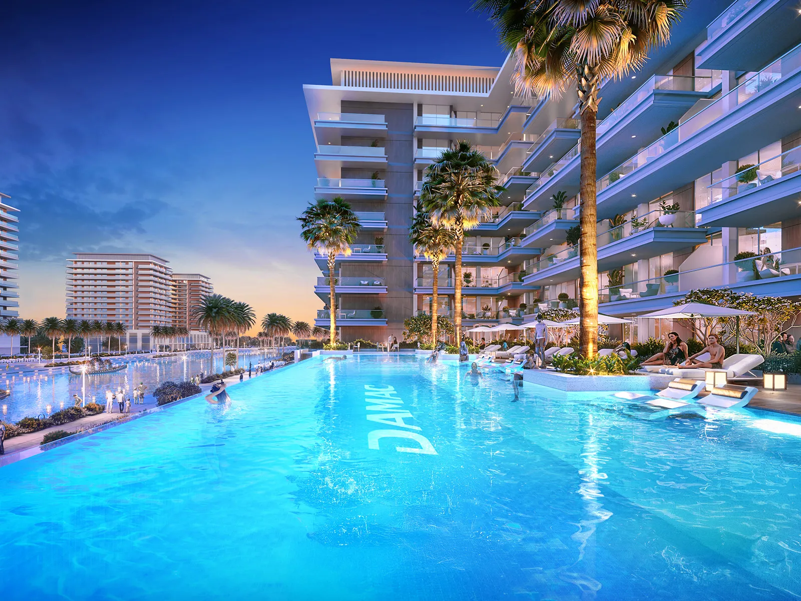 DAMAC Riverside Views — pool terrace evening marketing render with DAMAC pool branding