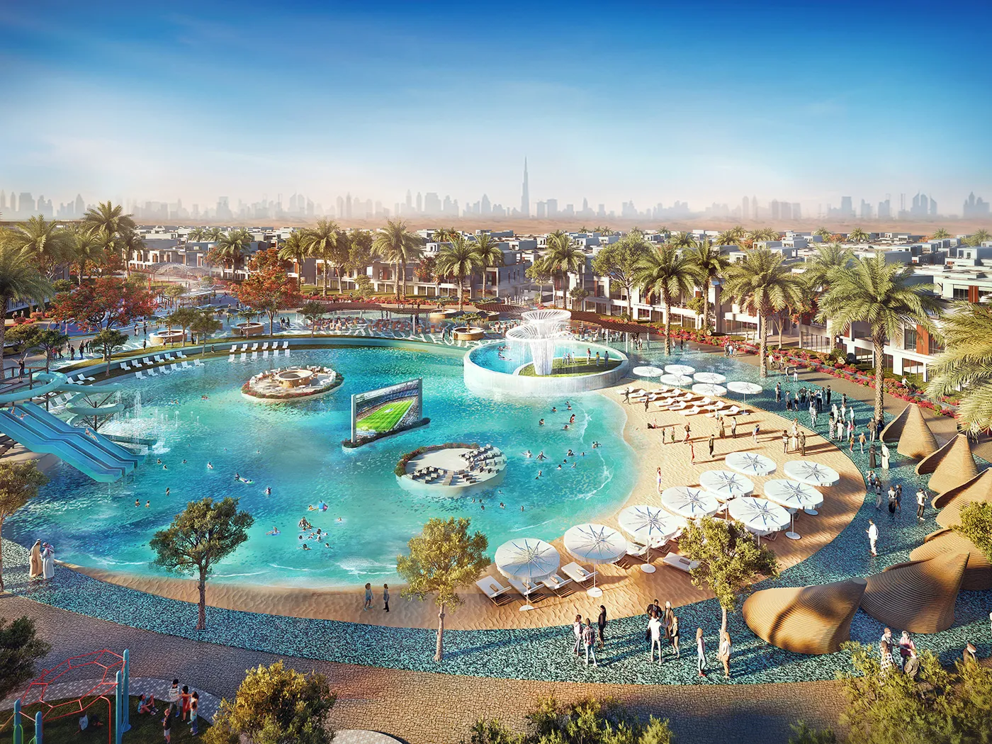 DAMAC Riverside — Malibu Cove lagoon and beach amenity marketing render (campus-level, not Azure 1-only)