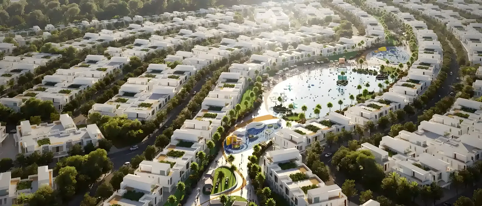 DAMAC Riverside masterplan aerial marketing render — villa rings and lagoon (collection context for Capri)